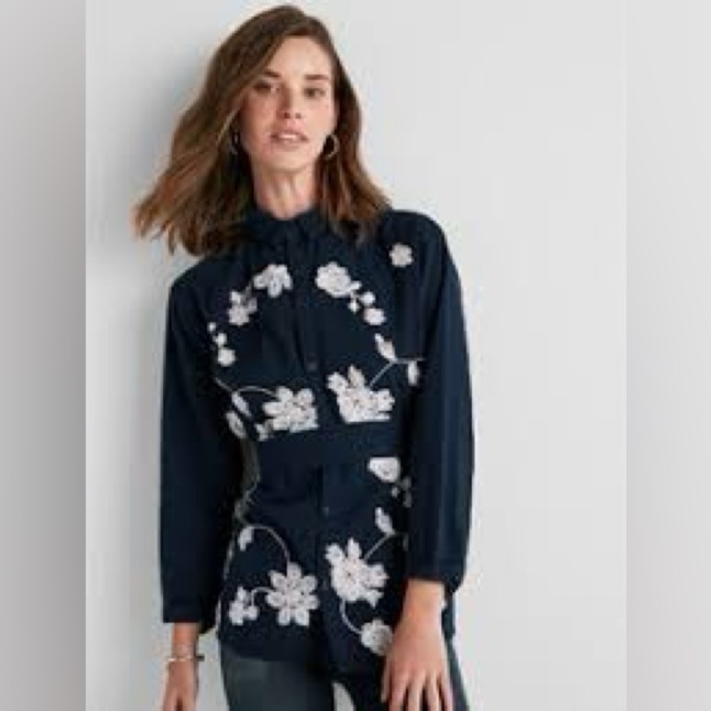 Lucky Brand Navy Floral Embroidered Long-Sleeve Dress Tunic top large